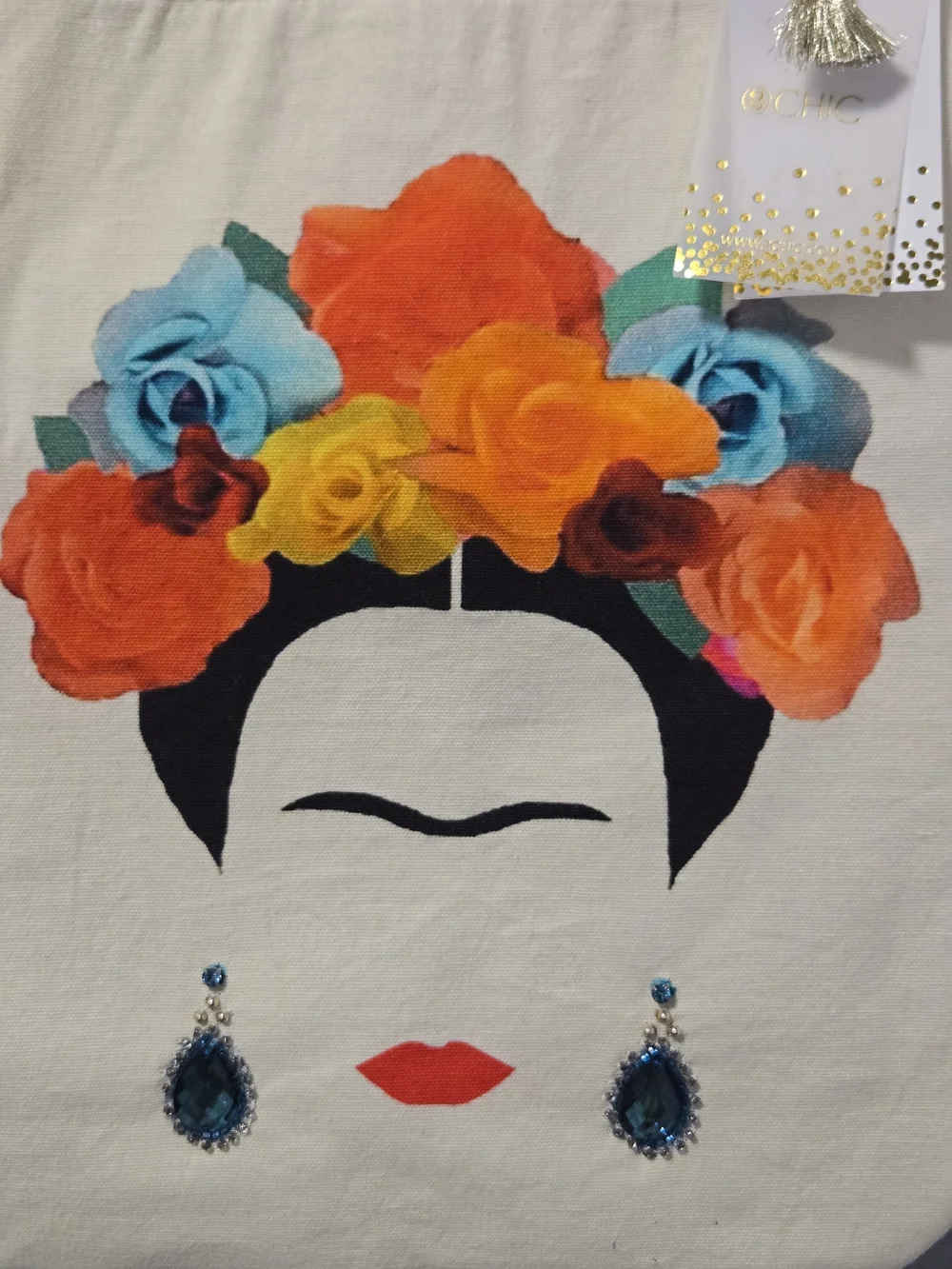 Frida Inspired Colorful Fabric Tote Modern Classic 2 Chic With Earring Accents